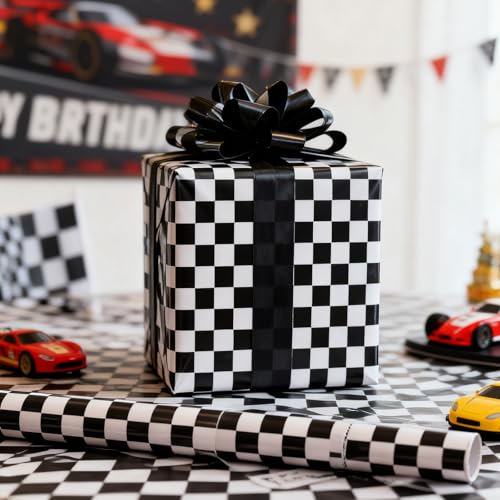 Cuitpan Reversible Birthday Wrapping Paper – Checkered Happy Birthday Text & Black White Checkerboard, Gift Wrap for Men, Racing Theme Design, Birthday Party, 17" x 16.5ft - color: Happy Birthday-Black