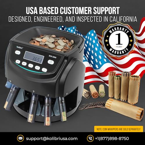 Kolibri KCS-2000 Professional USD Coin Counter Machine, Coin Sorter, Wrapper/Roller | 300 Coins/min, LED Display, Batch Feature | USD Change Counter (USA Tech Support)