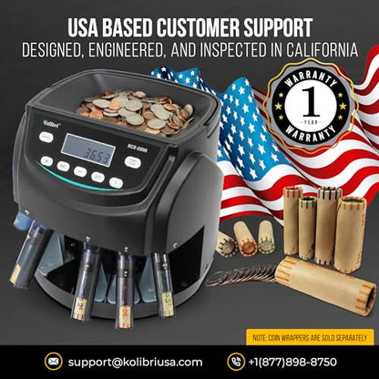 Kolibri KCS-2000 Professional USD Coin Counter Machine, Coin Sorter, Wrapper/Roller | 300 Coins/min, LED Display, Batch Feature | USD Change Counter (USA Tech Support)