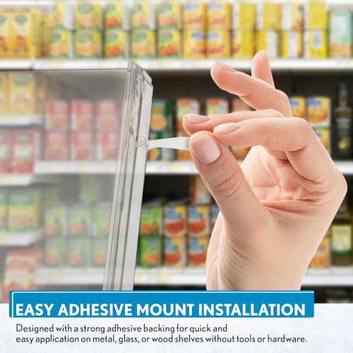 Clip Strip 50 Pack Shelf Dividers for Retail Stores, 1" H x 9-9/16" L, 15 mil Crystal Clear PVC Adhesive Mount Retail Shelf Separator Corp., SD-1510