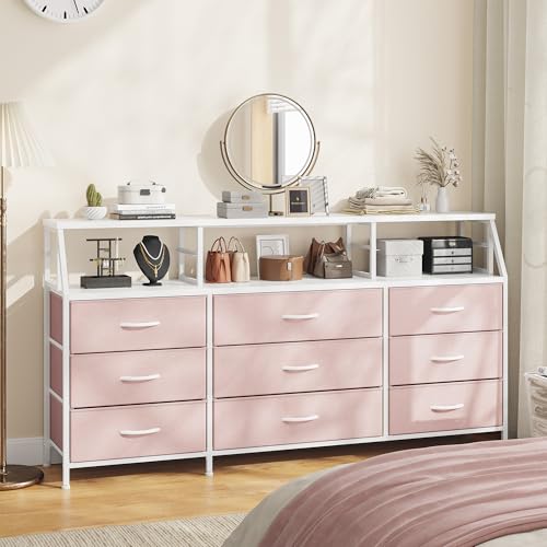 Homkdom Pink Dresser for Bedroom with 9 Fabric Drawers & Display Top Shelf - color: Pink
