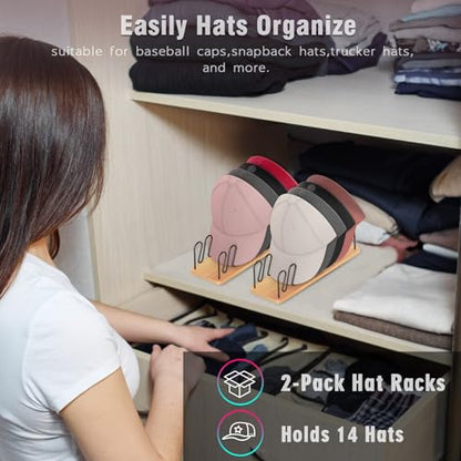 UdoUto Hat Organizer for Baseball Caps, 2 Pack Wood & Metal Hat Rack - color: Natural wood