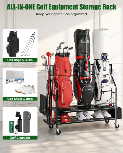FHXZH Golf Bag Storage Garage Organizer - Golf Bag Stand with Wheels - color: Black - 3 Golf Bag Organizer