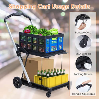 Foldable Shopping Cart, 1 Storage Crate, 2 Tier Collapsible Utility Cart - color: Blue