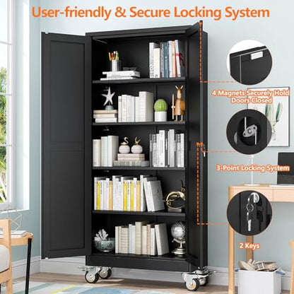 pozdeg 71" Black Lockable Rolling Metal Garage Storage Cabinet - color: Black, size: 14.96"D x 29.92"W x 71"H
