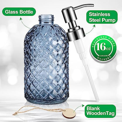 MOCLIF 16 OZ Clear Soap Dispenser with 304 Rustproof Stainless Steel Pump Bathroom Kitchen,Soap Dispenser,Refillable Liquid Glass Soapdispenser for Hand Soap, Dish Soap, Lotion(Blue Gray) - color: Blue Gray