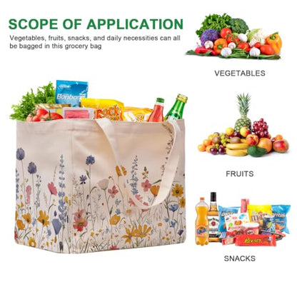 Aesthetic Canvas Reusable Grocery Bags Heavy Duty, 8.3 gal Foldable Large Tote Bag with Handles, Holds 60 lbs & Washable Eco-friendly Bags with 5 Pockets, Beige with a print 1 Bags（Wildflowers） - color: [A4] Flower, size: 1 Pack