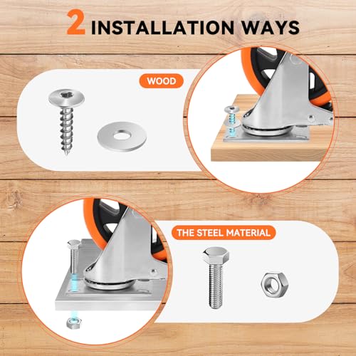 W B D WEIBIDA Swivel Caster Wheels for Cart, 5 Inch Industrial Heavy Duty Casters Set of 4, Top Plate Casters with Brake, No Noise Polyurethane Wheels for Cart, Furniture, Workbench - size: 5 INCH