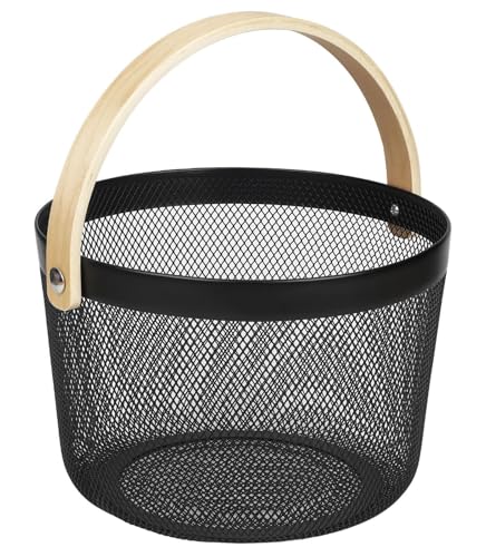 AJIODA Metal Mesh Steel Wire Basket, Round Storage Organizer Basket with Wooden Handle Multi-functional Hanging Kitchen Baskets Fruit Baskets for Kitchen Bathroom Picnic Decor Cabinet Home, Black - color: Black