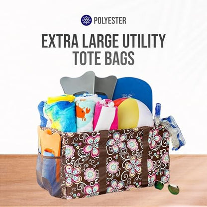 Extra Large Utility Tote Bag - Oversized Collapsible Beach Bag - Brown Daisy - color: Brown Daisy