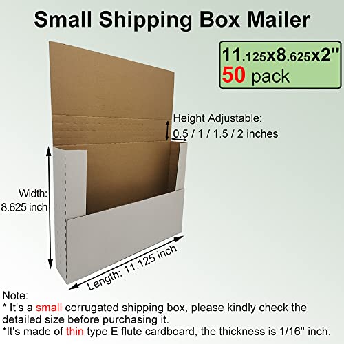 50 Pack 11.125x8.625x2'' Easy-Fold Corrugated Mailers, Height adjustable Small Shipping Boxes for Packaging Mailing comic books magazine, white (W1182E50) - size: 11.125x8.625x2''