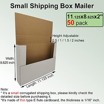 50 Pack 11.125x8.625x2'' Easy-Fold Corrugated Mailers, Height adjustable Small Shipping Boxes for Packaging Mailing comic books magazine, white (W1182E50) - size: 11.125x8.625x2''