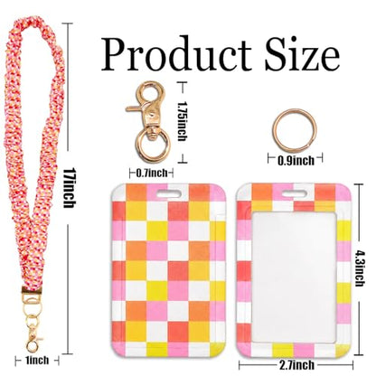 Scrunchie Lanyard/Stretchy Lanyards with ID Holder Checkered Pattern Retractable Lanyard with Badges Keychain Holder, Ideal for Women Teachers Nurse Back to School Birthday Gifts (Pink) - color: Pink