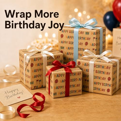 Ulmasinn Kraft Birthday Wrapping Paper Roll - 17" x 16.4 Ft with Grid Cut Lines, Happy Birthday Print for Easy Wrapping, Kids Party, Baby Shower - color: Kraft Birthday