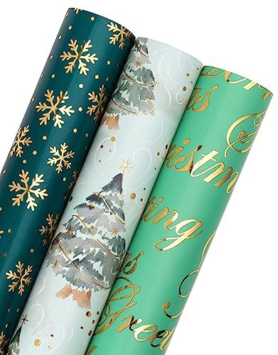 WRAPAHOLIC Christmas Wrapping Paper - 3 Rolls, 17 Inch X 120 Inch Each - Green Foil Christmas Tree, Snowflake Designs with Metallic Shine - Perfect for Christmas, Holiday - color: Christmas - Green Foil