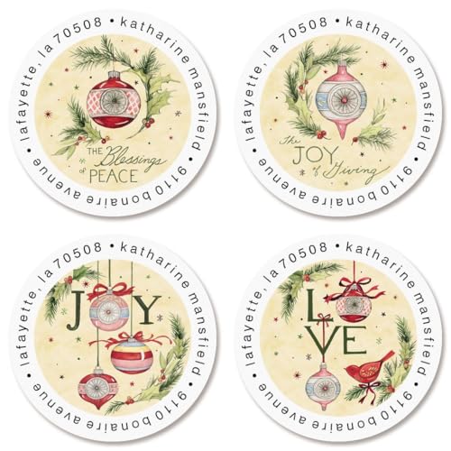 Vintage Ornaments Round Christmas Return Address Labels - Set of 144 1-1/2" Diameter Self-Adhesive, Flat-Sheet Labels (4 Designs) - color: Ornaments