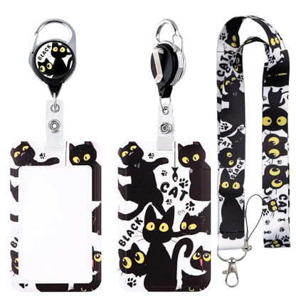 Cute Cat Lanyards for ID Badges Holder, Funny Id Badge Holder with Retratable Reel Clip & Silky Neck Lanyards, Black Cat Lanyard with Keychain for Kids, Women, Girls - color: Black Cat