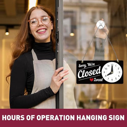 PLIGREAT Classic Open Closed Sign Double Sided Open Sign with Clock We Are Opened Closed Signs for Business Retail Store Window Wall Decor Hanging Door Signs with Chain, Black White - style: Black White