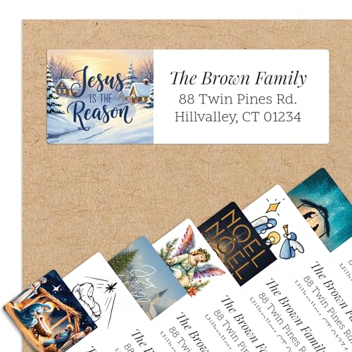 Personalized Christmas Return Address Labels - Over 14 Christian Religious Elements to Choose from - Custom Self Adhesive Holiday Stickers for Envelopes (60-960 Labels)