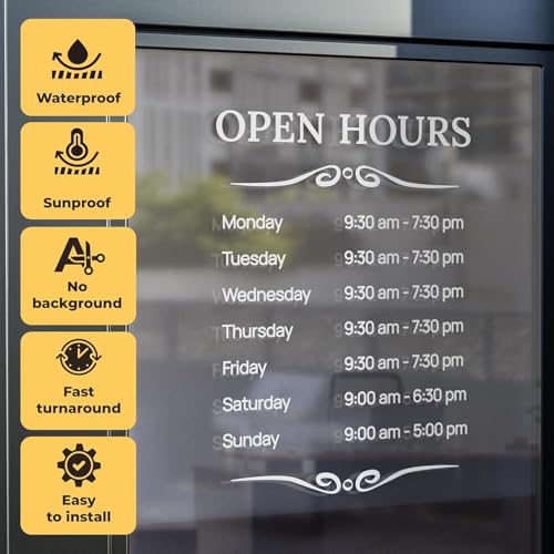 Personalized Business Operation Hours Sign - Custom Hours of Operation Signs for Business, Windows, Glass Door, Storefront, Personalized Store Sign Decal Indoor & Outdoor - Waterproof, Made in USA - size: 35x47 Inches
