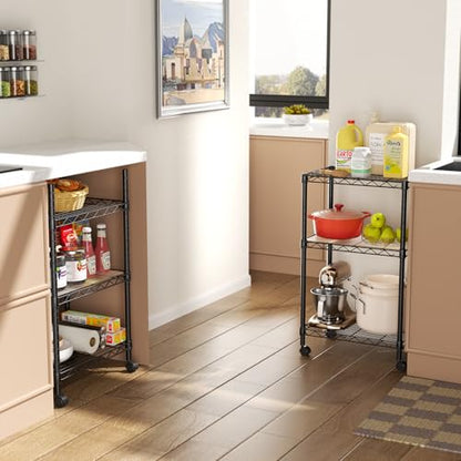 SINGAYE 3 Shelves Storage Shelf Wire Shelving Unit Metal Adjustable Wheels - color: Black, size: 3Tier/11.5"D X 17.5"W X 30.5"H