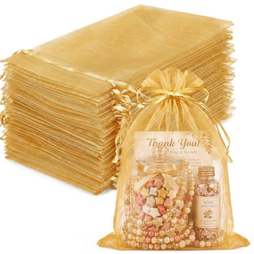 FUNFERY 100Pcs Gold Organza Bags 5x7 in,Small Mesh Drawstring Gift Bag - color: Gold