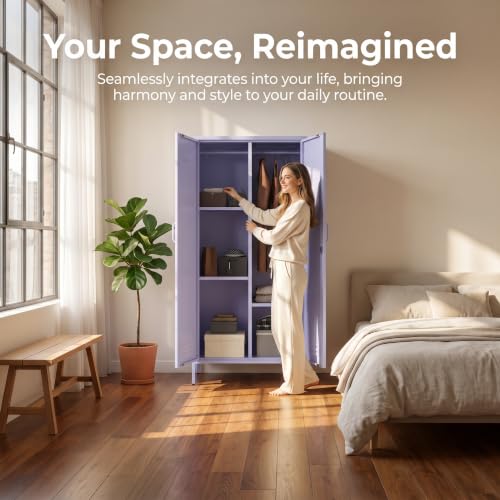 Metal Armoire Wardrobe Closet, 67" Tall Purple Lockable Wardrobe Cabinet with 2 Doors, Hanging Rod and Adjustable Shelves, Steel Clothing Storage Cabinet for Bedroom, Home, Cloak Room, Gym, Office - color: Lilac, style: Wardrobe-67"H-JS