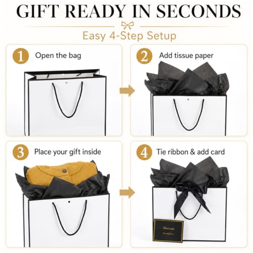 15 Pack White Gift Bags Set with Tissue Paper Ribbon Card for Wedding Party - color: White,Black