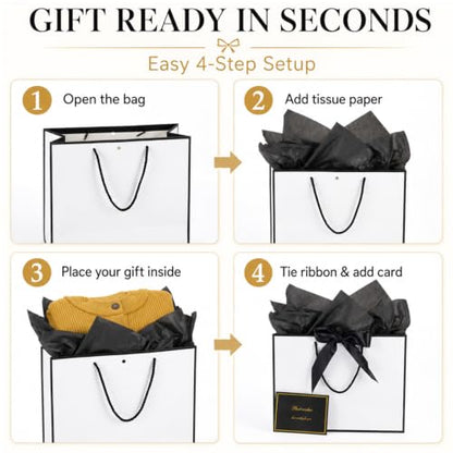 15 Pack White Gift Bags Set with Tissue Paper Ribbon Card for Wedding Party - color: White,Black