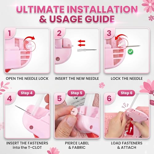 ASEER Micro Stitch Gun No Sew Kit 6 Needles 2000 Fasteners 200 Buttons - color: Pink