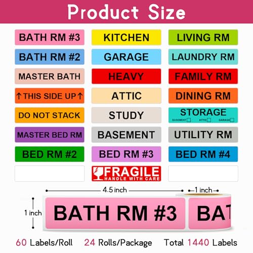 1440 Count Color Coded Moving Labels for Boxes (24 Rolls, 60 Labels/Roll) - size: 1" x 4.5"