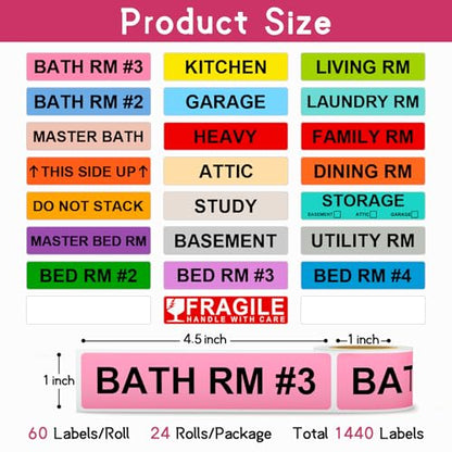 1440 Count Color Coded Moving Labels for Boxes (24 Rolls, 60 Labels/Roll) - size: 1" x 4.5"
