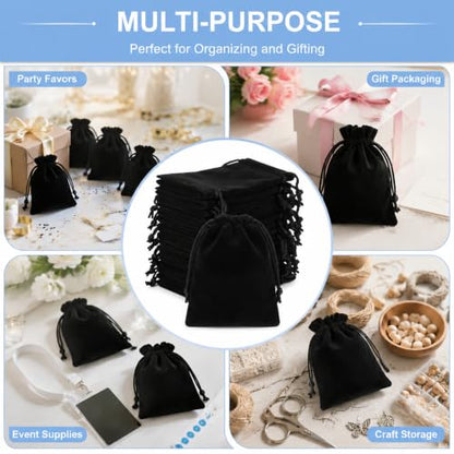 50 Pack Little Velvet Jewelry Bags, Black Drawstring Bags, 3x4 inch Small Gift Bags, Coin Pouch Velvet Bags for Jewelry Storage, Wedding Party Favor Small Business Packaging