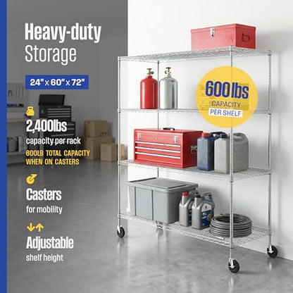 SafeRacks NSF 4-Tier Heavy Duty Steel Wire Rack w/Wheels (24"x60"x72") - color: Silver, size: 24"x60"x72" 4-Tier