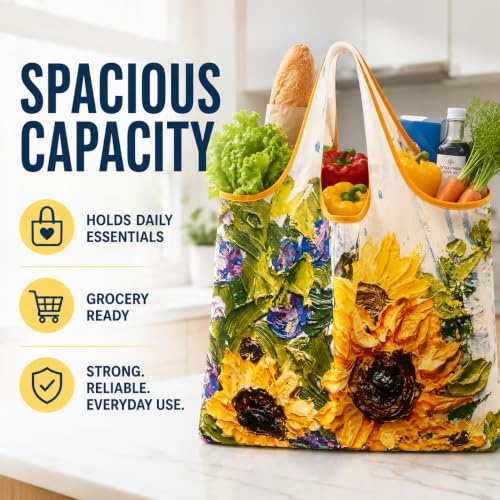 Foldable Grocery Tote Bag, Sunflower Print Shoulder Bag for Errands Travel - color: A1-big Sunflower