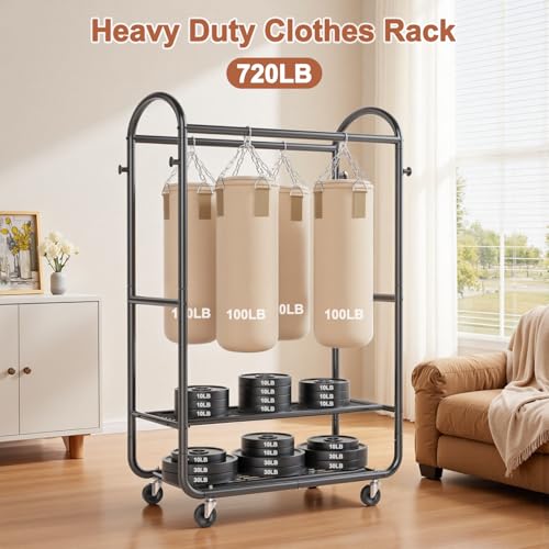 EAGMAK Heavy Duty Clothing Racks for Hanging Clothes 720 Lbs, Rolling Clothes Rack Double Rod Garment Rack with Lockable Wheels, Metal Closet Organizer for Bedroom, Laundry, Retail, Black - color: Black