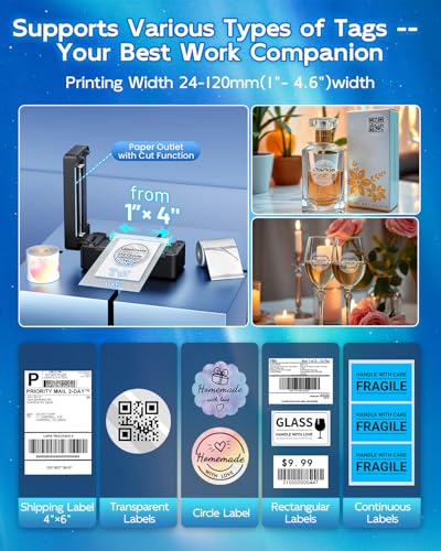 Bluetooth Shipping Label Printer 4x6 with Label Holder, Black