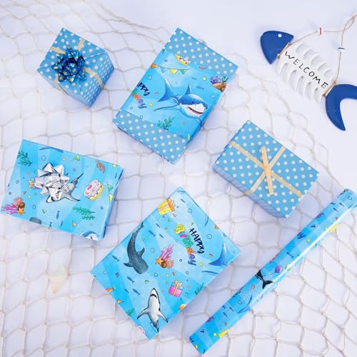 WERNNSAI Shark Reversible Wrapping Paper, 33ft Blue Baby Wrapping Paper - color: Blue Shark