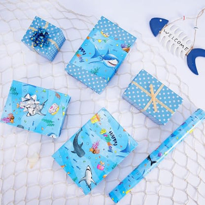 WERNNSAI Shark Reversible Wrapping Paper, 33ft Blue Baby Wrapping Paper - color: Blue Shark
