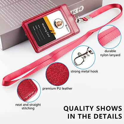 Teskyer Leather ID Badge Holder with Lanyard, Vertical Wine Red - color: Wine Red, size: Vertical
