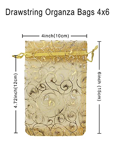 Jexila 100PCS Gold Organza Bags 4x6 inch with Drawstring Jewelry Gift Bags for Wedding Party Favor Pouches Christmas Small Mesh Bags (Gold) - color: Gold 4X6