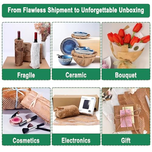 Honeycomb Packing Paper - Biodegradable Bubble Wrap Alternative 15"x100 FT, 80gsm with 20 Fragile Sticker Labels | Eco-Friendly Cushioning for Shipping, Moving & Small Business Packaging,Fragile Items - size: 15 Inch x 100 Feet