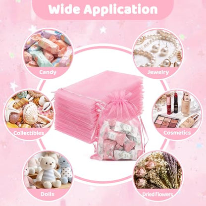 FUNFERY 100Pcs Pink Organza Bags 5x7 in,Small Mesh Drawstring Gift Bag - color: Classic Pink