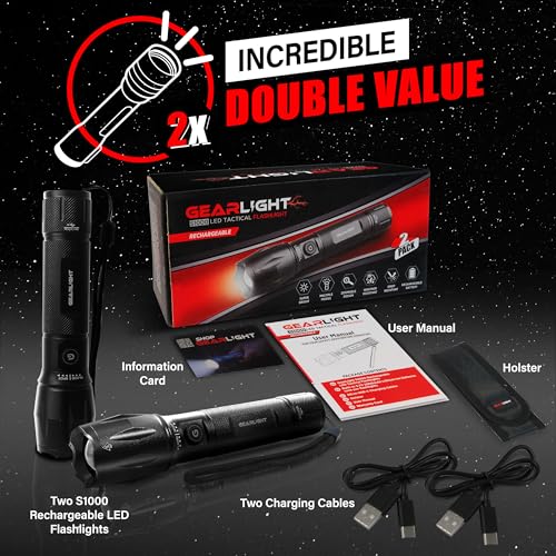 GearLight S1000 LED Tactical Flashlight - High Lumens, USB-C Fast Charging, Dual-Button, IPX4 Water-Resistant, Pocket-Sized for Camping & Emergencies with Batteries - 2 Pack, (Rechargeable) - color: 2 Pack, (Rechargeable)