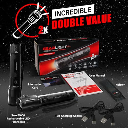 GearLight S1000 LED Tactical Flashlight - High Lumens, USB-C Fast Charging, Dual-Button, IPX4 Water-Resistant, Pocket-Sized for Camping & Emergencies with Batteries - 2 Pack, (Rechargeable) - color: 2 Pack, (Rechargeable)