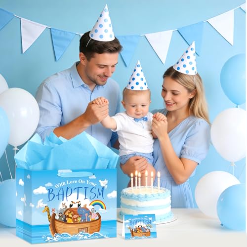Neptniopllab Large Baptism Gift Bags for Boys,Blue Religious Christian Birthday Gift Bag with Greeting Card and Tissue Paper for Baby Boy First Communions Baptism Christenings (Baptism) - color: Baptism