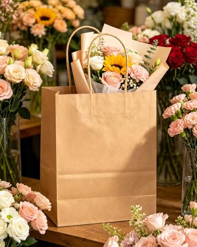 qiqee 100-Packs Large Size Paper Gift Bags with Handles Bulk 13"×10.2"×4.7" Brown Gift Bags Multiple Uses - size: Large - 100 Packs