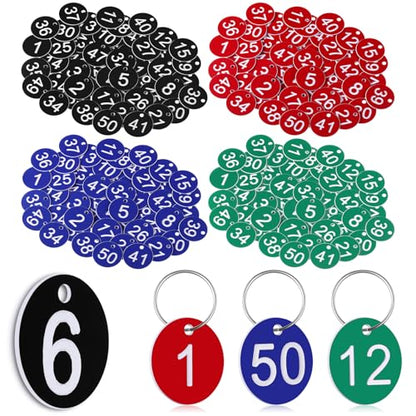 AmazingSpark 200 Pcs Plastic Number Tags 1-50 Key Tags Rings with Labels
