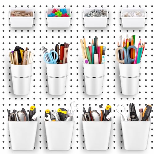 Jinei 12 Pcs Pegboard Bins Baskets with Hooks Organizer Set,White - color: White