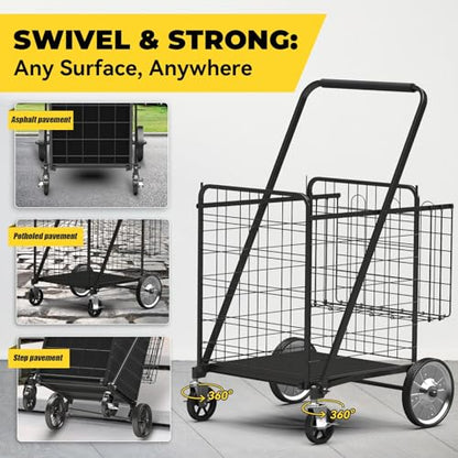 5.7 Cu Ft Folding Shopping Cart - 600 LB Capacity Grocery Cart with 360° Braked Swivel Wheels - Heavy Duty Utility Cart with Double Basket & Removable Waterproof Liner with Lid for Laundry - color: Black